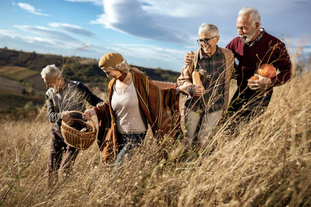 istock Happy mature couples going on a picnic in autumn day. 1198225175