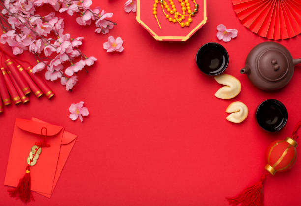 istock Chinese New Year flat lay red background with assorted festival decorations 1198225420