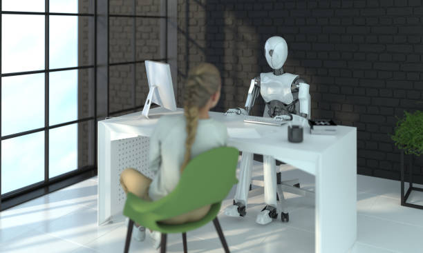istock The robot is interviewing a woman in a modern office. Human communication with robotics. Future concept with smart robotics and artificial intelligence. 3D rendering. 1198225542