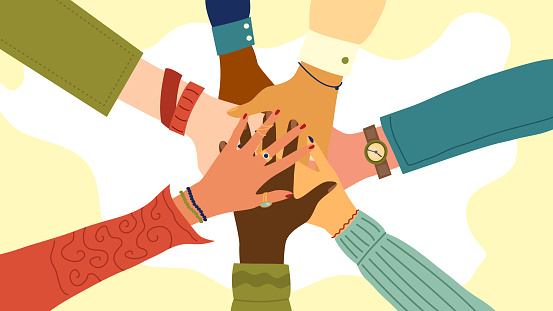 Hands of diverse group of people putting together. Concept of teamwork, cooperation, unity, togetherness, partnership, agreement, social community or movement. Flat style. Vector illustration.