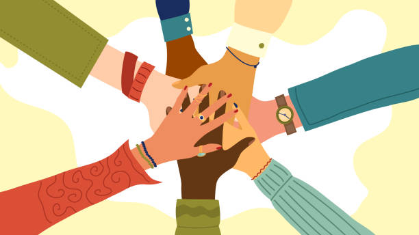 Hands of diverse group of people putting together. Concept of teamwork, cooperation, unity, togetherness, partnership, agreement, social community or movement. Flat style. Vector illustration Hands of diverse group of people putting together. Concept of teamwork, cooperation, unity, togetherness, partnership, agreement, social community or movement. Flat style. Vector illustration. sports race illustrations stock illustrations