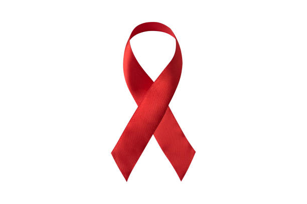 istock Red ribbon isolated on white background. Aids control symbol. Directly above 1198229702