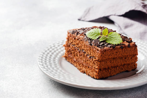 istock A piece of truffle cake with chocolate on a gray concrete background. Copy space 1198232014