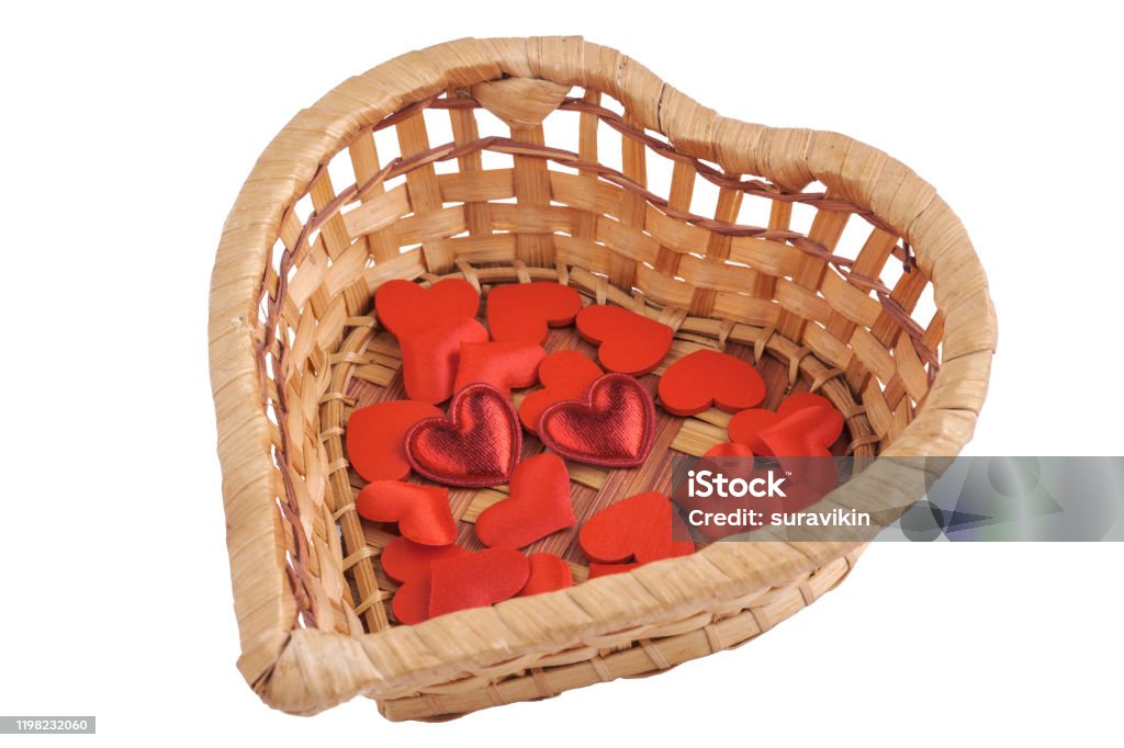 Small Hearts In A Wicker Heartshaped Basket Isolated On White Stock Photo -  Download Image Now - iStock