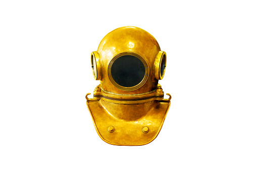 Diving helmet isolated on white background. Retro copper diving helmet