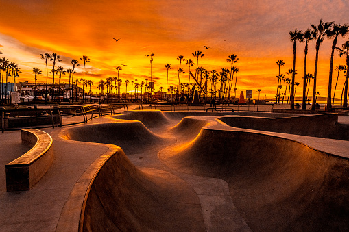 Jump ramps and sliders of a skate park at Venice Beach, Los Angeles, California, shot at dusk.\n\nNOTE TO INSPECTION: Problematic content removed