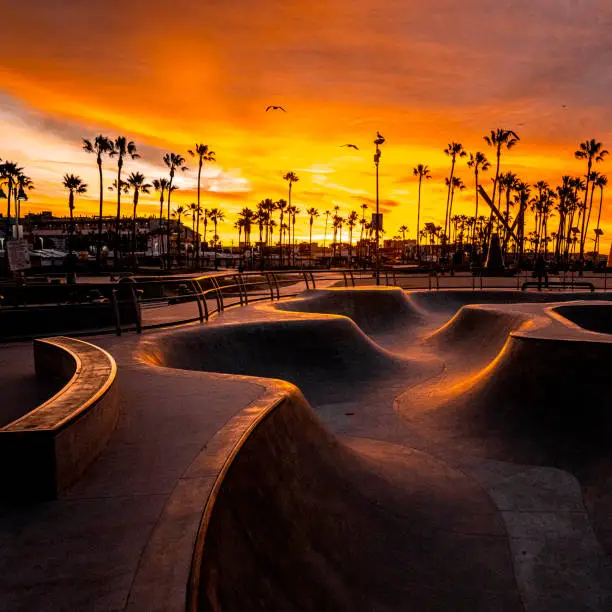 Photo of Jump ramps and sliders of a skate park at Venice Beach, Los Angeles, California, shot at dusk