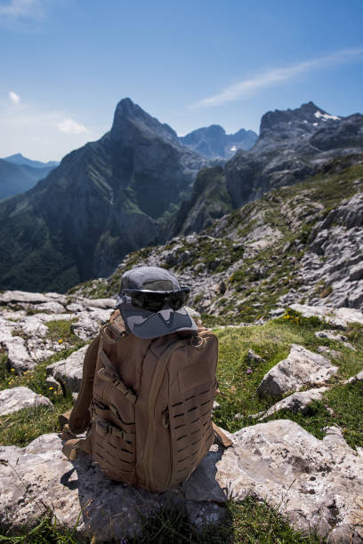 Tactical backpack on mountainous terrain