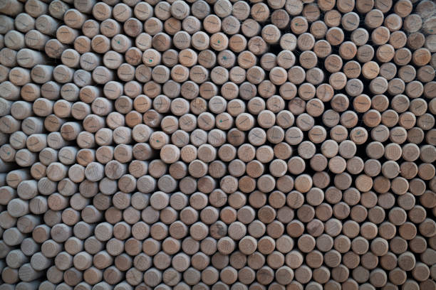 Large group of wooden parts in furniture workshop, framed wooden parts background.