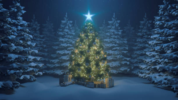istock 3d render Christmas tree with a shining star and a garland in the forest with falling snow 1198237730