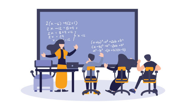 ilustrações de stock, clip art, desenhos animados e ícones de vector illustration of teacher teach a lecture to student. concept of math education, study, and learning. flat digital illustration cartoon style. - mathematical symbol illustrations