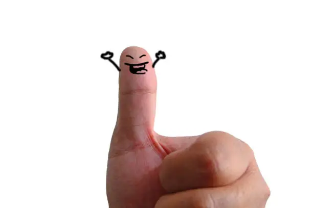Photo of Thumbs up with cartoon face happy and hands up