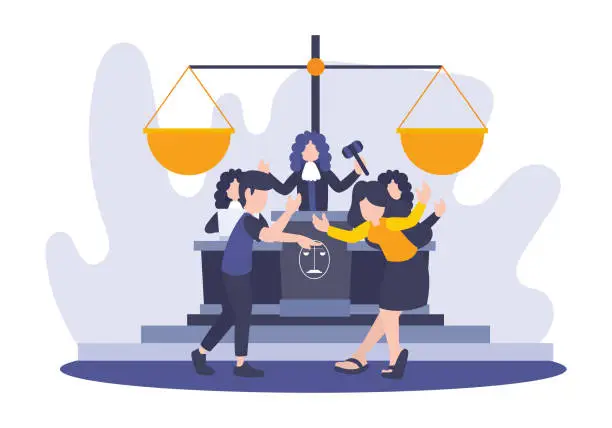 Vector illustration of Vector flat illustration of people conflict during the judge. Metaphor of divorce in court. Law and legal settlement idea concept with big law scales. Breaking Relationship between Man and Woman.