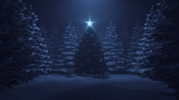 istock 3d render Christmas tree with a shining star and a garland in the forest with falling snow 1198239944