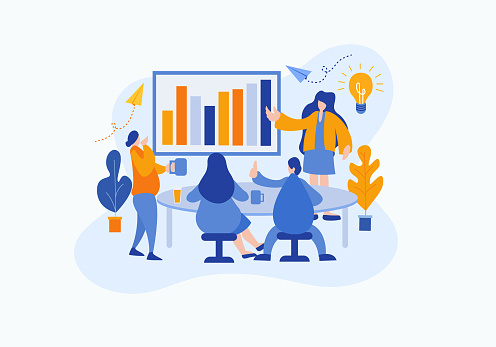 Vector flat illustration a group of people characters are thinking over an idea of analysis strategy. prepare a business project start up. Concept of team management of brainstorming project.