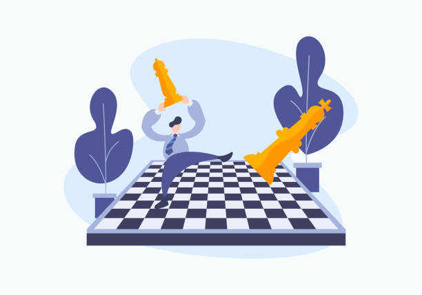 ilustrações de stock, clip art, desenhos animados e ícones de vector business illustration. strategy metaphor with a businessman holding a pawn and kicking the king piece in the game. symbol rise of the career to success. plan tactical for positioning career. - campeonato ilustrações