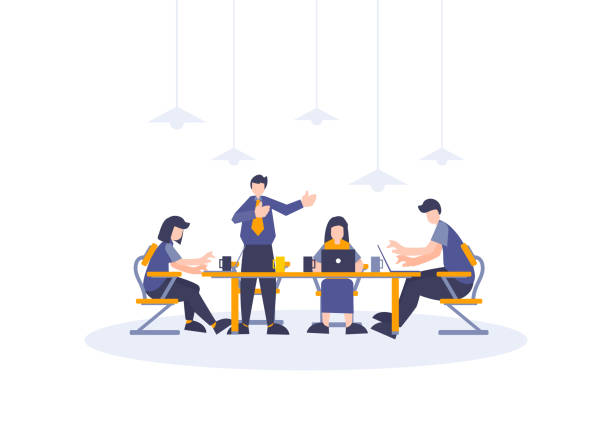 Team business working and discussing with flat people illustration of workers group for web and landing page element Team business working and discussing with flat people illustration of workers group for web and landing page element small illustrations stock illustrations