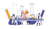 istock Scientist working an experiment with tubes, erlenmeyer flask, and reaction. Vector illustration flat digital cartoon research laboratory. Lab work of science, medical, biology, chemistry, and physic. 1198240350