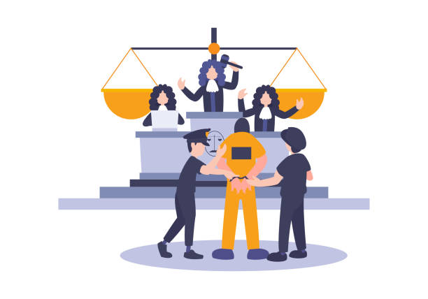 illustrations, cliparts, dessins animés et icônes de concept de droit et de justice avec des caractères et des éléments judiciaires, prisonnier, gavel, et avocat. éléments plats vecteurs du jugement et des personnes de jury de cour. concept d'idée de l'avocat et du juge. - lawsuit