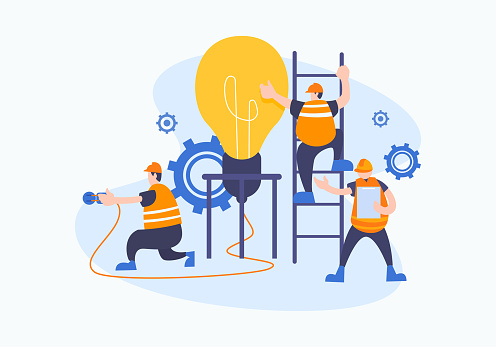 Group of young business people collaborating, solving problems, thinking about creative idea, brainstorming and teamwork concept. Engineer or worker flat style vector illustration.
