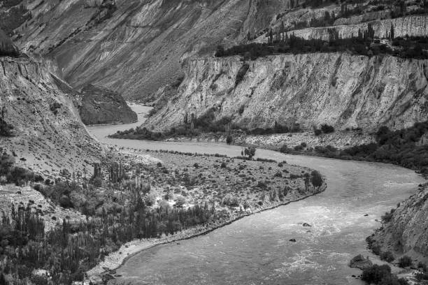 Black Canyon of the Gunnison river in black and white with two dragons, Black Canyon of the Gunnison national park, Colorado, USA.