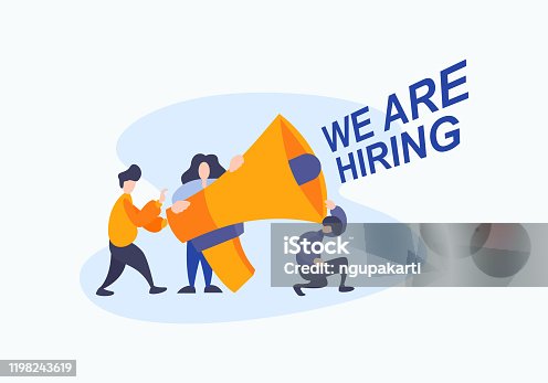 istock Business hiring for job worker flat illustration vector. We are hiring text concept with people team in creative style with big megaphone horn. 1198243619