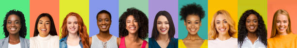collage van jonge internationale vrouwen glimlachend over kleurrijke achtergronden - schoonheid fotos stockfoto's en -beelden
