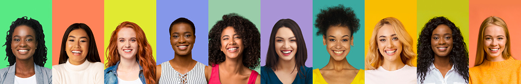 Collage of young multiethnic happy women over colorful backgrounds, panorama, international beauty community