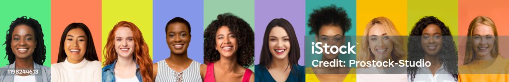 Collage of young international women smiling over colorful backgrounds Collage of young multiethnic happy women over colorful backgrounds, panorama, international beauty community Women Stock Photo