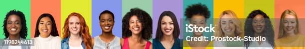Collage Of Young International Women Smiling Over Colorful Backgrounds Stock Photo - Download Image Now