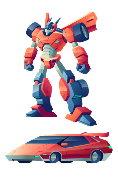 Robot transforming in sport car cartoon vector Red battle robot capable to transform in sport car cartoon vector character isolated on white background. Alien battle machine, controlled by AI cybernetic organism, children popular toy illustration transformer stock illustrations