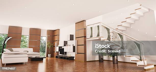 Modern Apartment Interior 3d Render Stock Photo - Download Image Now - Apartment, Architecture, Black Color