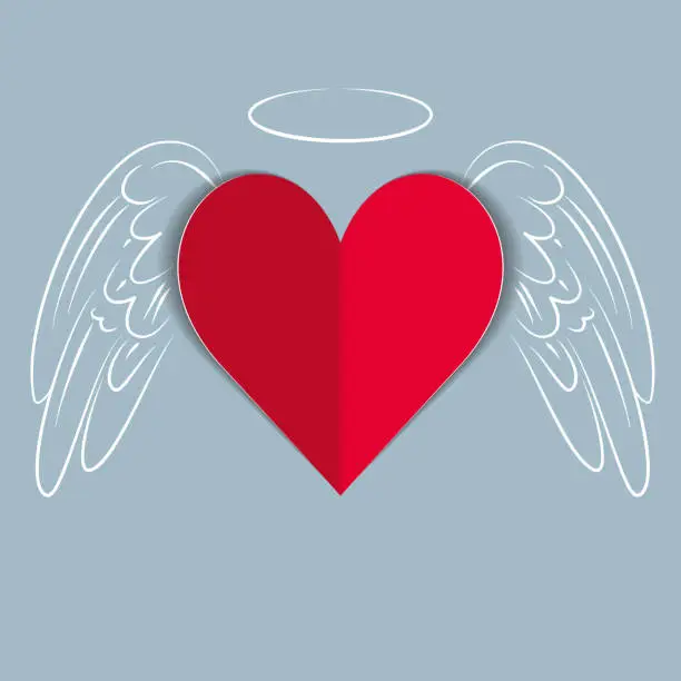 Vector illustration of Red paper love heart with hand drawn wings and angel halo