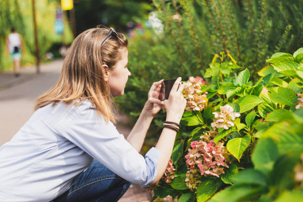 Person using mobile device for her nature photography hobby