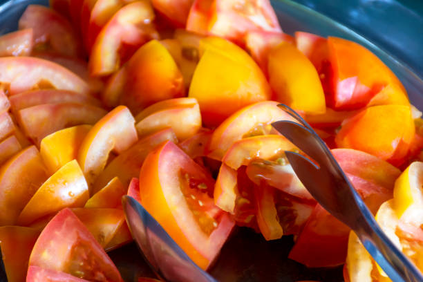 Salad of fresh, chopped red tomatoes ready to be served