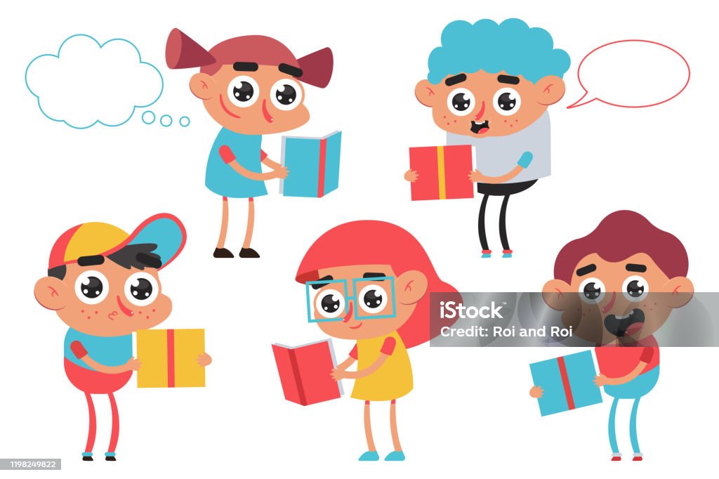 Ilustración de Niños Lindos Leyendo Libros Personajes De Dibujos Animados  Vectoriales Establecidos Aislados Sobre Un Fondo Blanco y más Vectores  Libres de Derechos de Abierto - iStock
