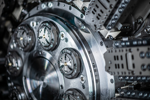 Inside of a CNC multi-spindle lathe machine