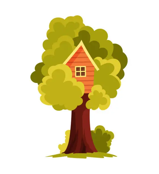 Vector illustration of Tree house. Children playground with swing and ladder. Flat style vector illustration. Tree house for playing and parties. House on tree for kids. Wooden town, rope park between green foliage