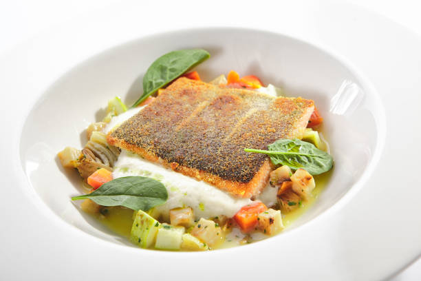 istock Fried Trout Fillet and Vegetable Stew with Herbs Espuma 1198251029