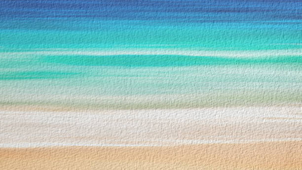 watercolor illustration of sand beach and sea. artistic natural painting abstract background. - horizontal blue turquoise painted image imagens e fotografias de stock
