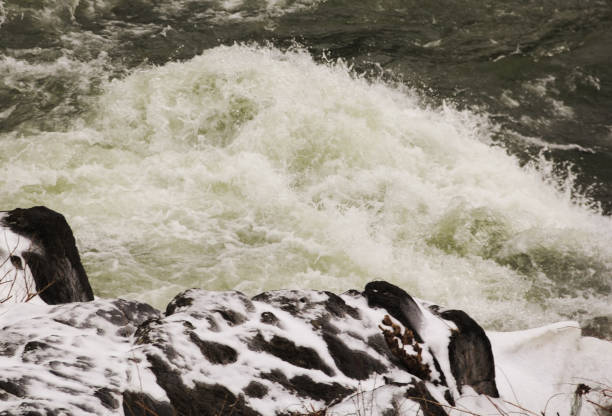 A macro closes up view of wave splash in icy water.