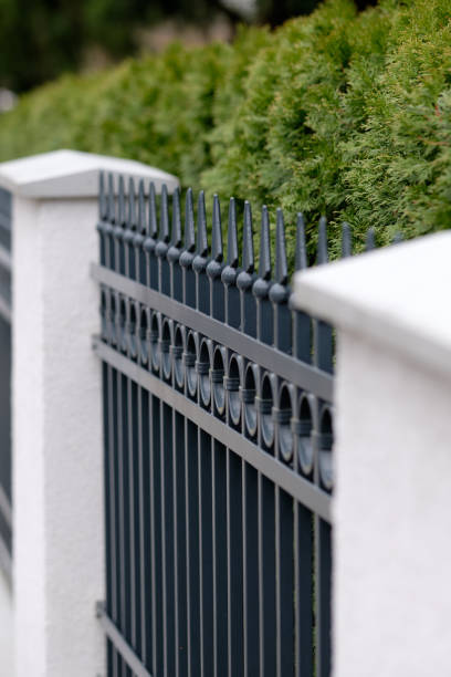 istock Elegant grey iron fence with white pillars 1198252823