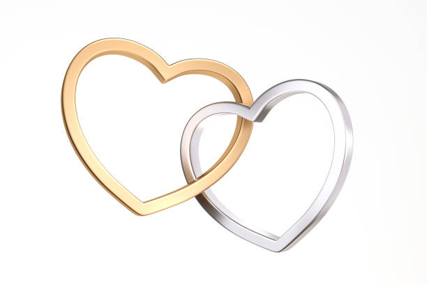 istock Golden and silver hearts connected together engagement linked rings on white background 3D Rendering. 3d illustration love forever and Valentines Day greeting card template minimal concept. 1198253544
