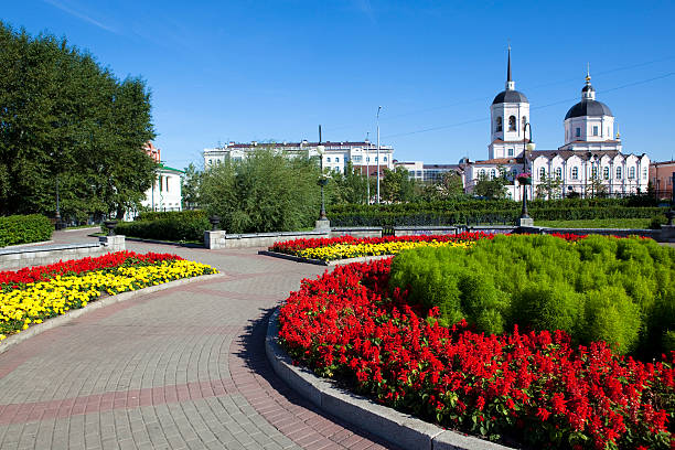Square near embankment of the river Tom'. On background view Christian cathedral. Russia. Siberia.Tomsk.