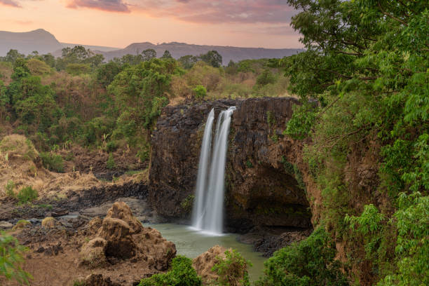 Blue Nile Falls in Bahir Dar, Ethiopia sunset on Blue Nile waterfall in dry season with low water flow near Bahir Dar and Lake Tana. Nature and travel destination. Amhara Region Ethiopia, Africa wilderness blue nile stock pictures, royalty-free photos & images