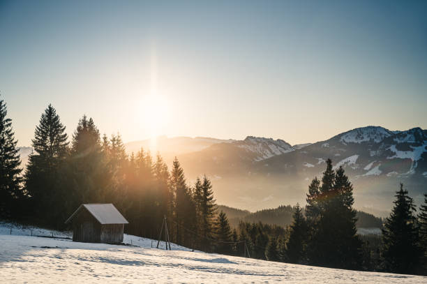 las przeciw ośnieżonym pasmem górskim, allgäu, bawaria, niemcy - oberstdorf zdjęcia i obrazy z banku zdjęć