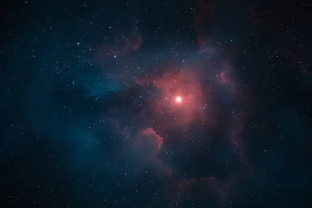 Distant galaxy with many stars scattered, centered around a bright red nebula and blue nebula behind.