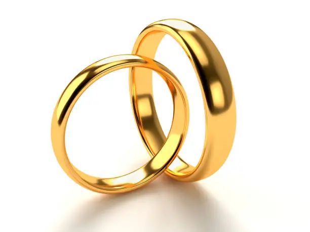 Illustration of two wedding gold rings lie in each other. 3d rendering