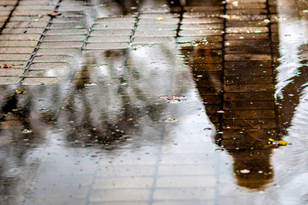 A frozen puddle and a reflection of man in ice - image