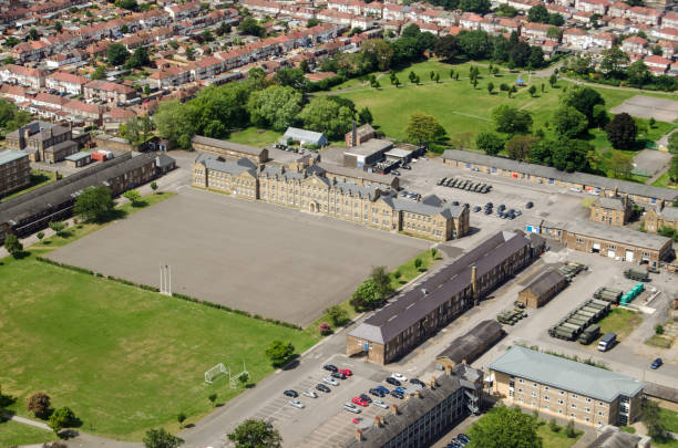 Cavalry Barracks, Hounslow - aerial view Aerial view of the historic Cavalry Barracks in Hounslow, West London.  Dating from the 18th Century, the current home of the 1st Battalion Irish Guards is due for closure in 2020. barracks stock pictures, royalty-free photos & images